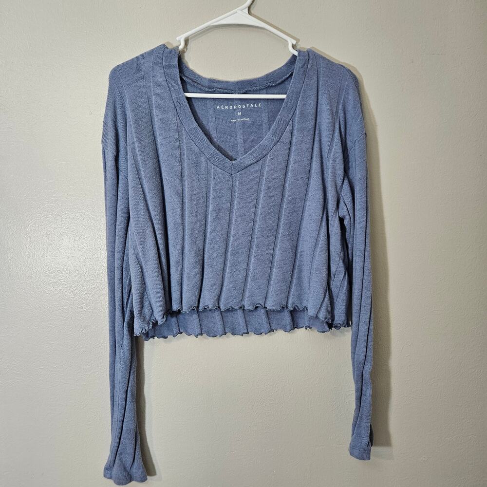 Aeropostale Blue Ribbed V-Neck Cropped Long Sleeve Top - Lettuce Hem - Size Med